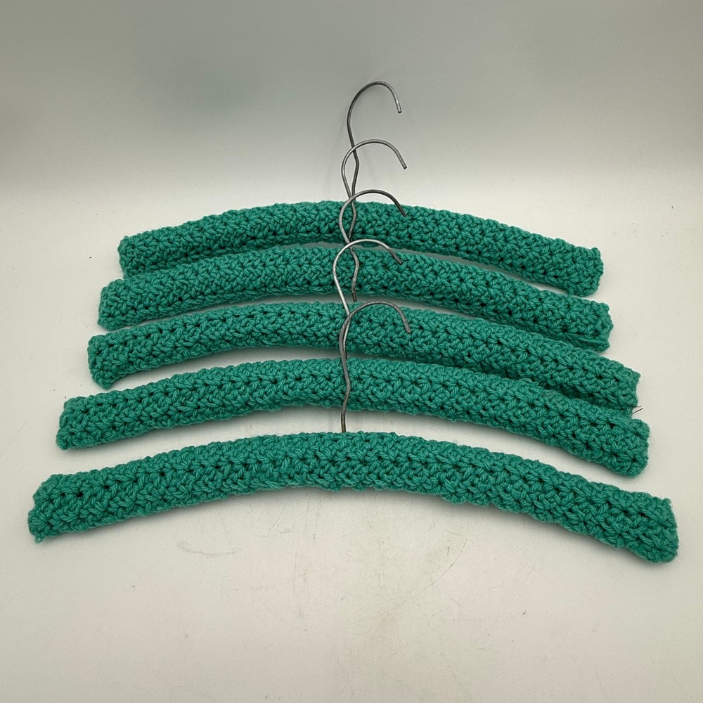 Vintage Set of 5 Crochet Padded Clothes Hangers Emerald Green Handmade Retro